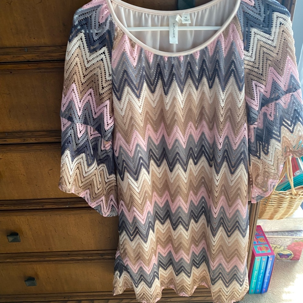 Tacera Zigzag Lace Pullover Dress Pink, Beige & Gray